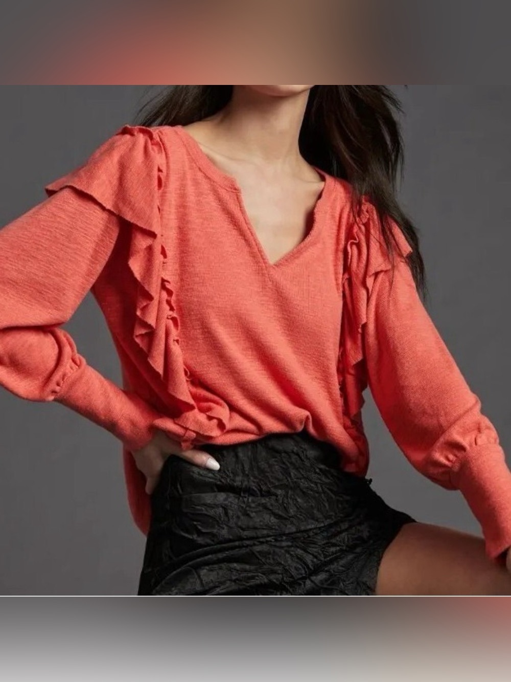 Anthropologie Pilcro Cozy Popover Ruffle Long Sleeves Top Orange Coral V Neck